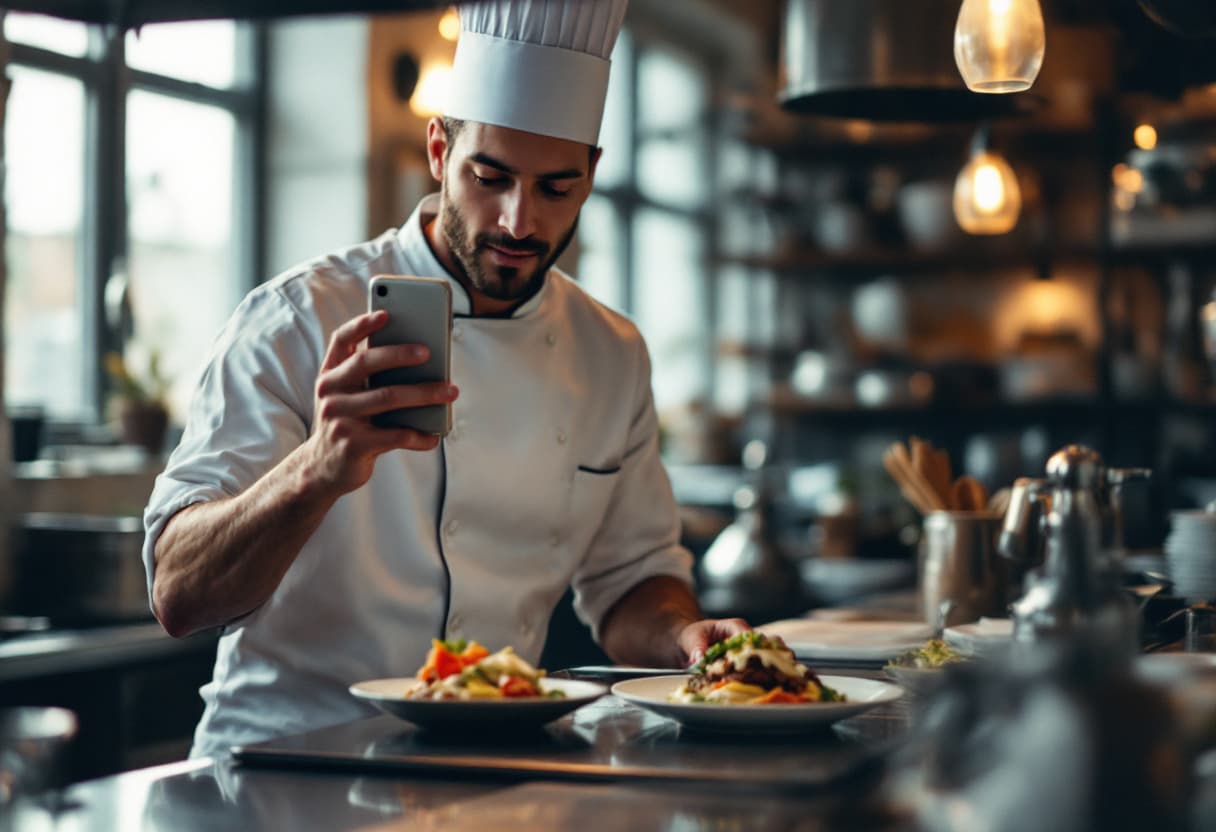 Kucharz fotografuje telefonem wydane danie na pasie w kuchni restauracji