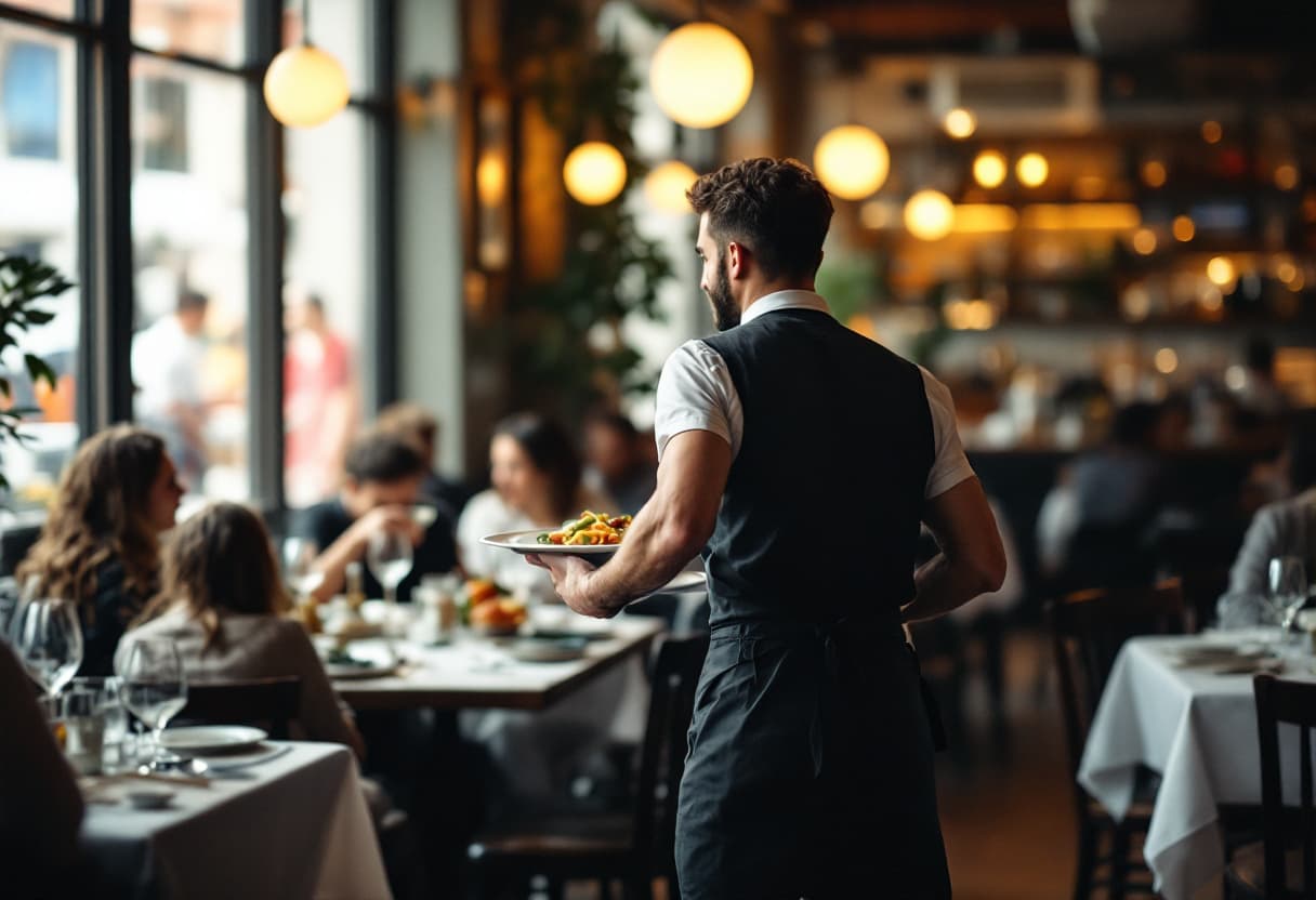 Kelner w fartuchu niesie talerze do stolika w pełnej sali restauracji