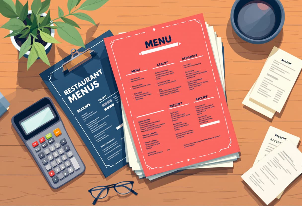 Stos drukowanych kart menu obok kalkulatora