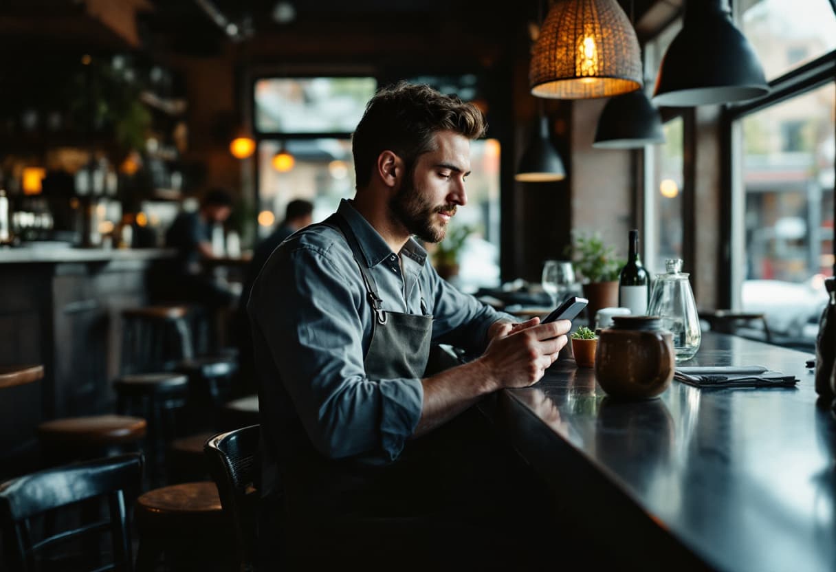 Właściciel restauracji przegląda statystyki menu na telefonie przy barze