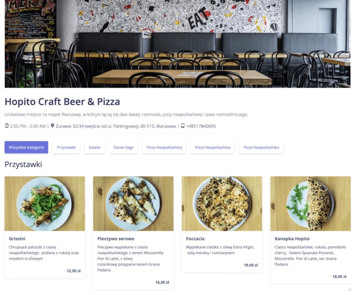Strona lokalu Hopito Craft Beer & Pizza w WMenu: zdjęcie sali, godziny otwarcia, adres, telefon i menu z cenami